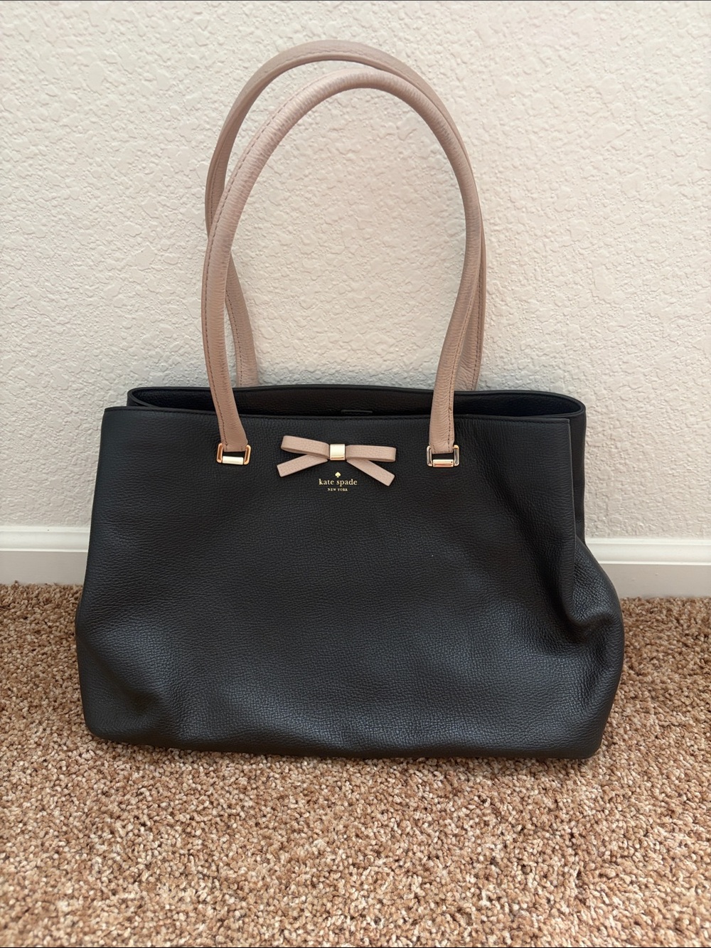 kate spade Black Tote with Beige Handles and Bow Detail